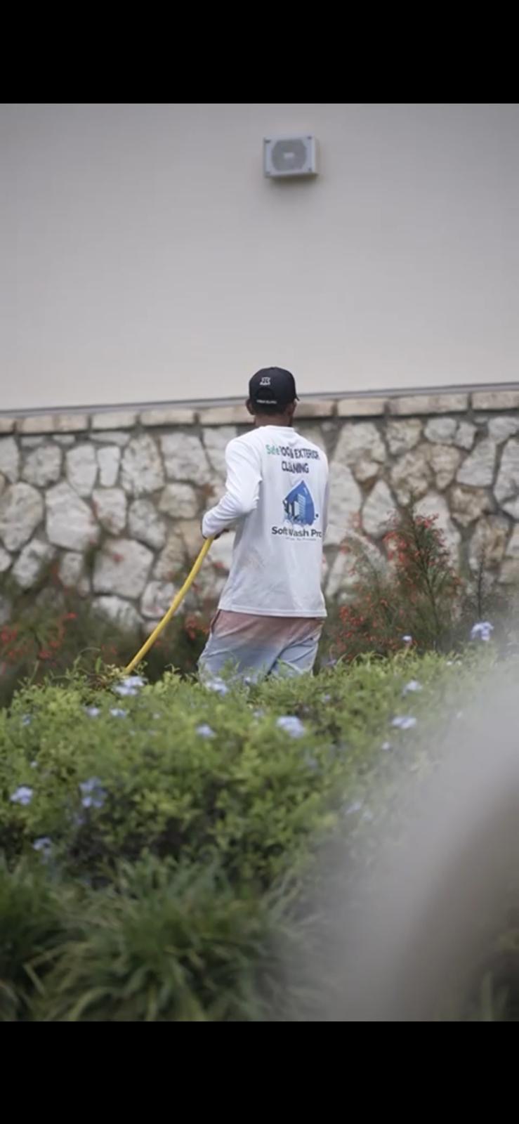 Technician soft washing a wall of a school in Grand Cayman